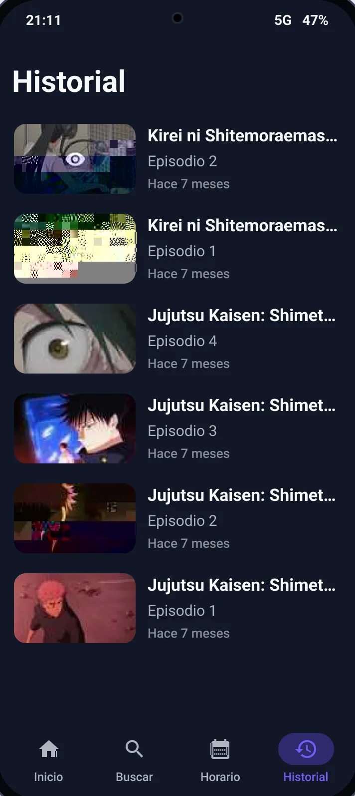 Pantalla de historial de la app con una lista de episodios vistos, cada uno con su miniatura, el número de episodio y cuánto tiempo hace que se vio.